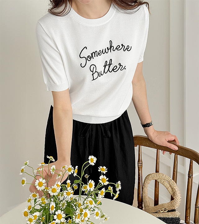 バター刺繍半袖ニット