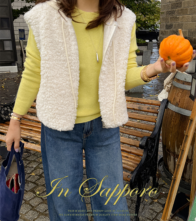 ファジーニットフードフリースベスト