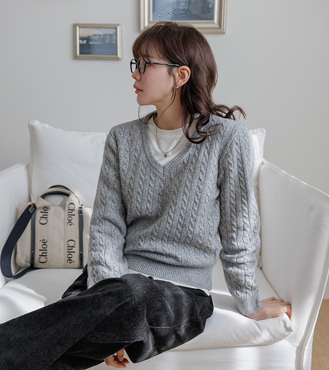 ボニーケーブルニット（2タイプラウンドネック/Vネック）