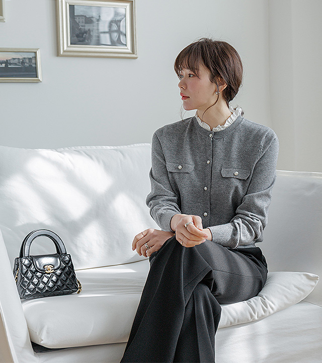 イブフリルパールボタンカーディガン 