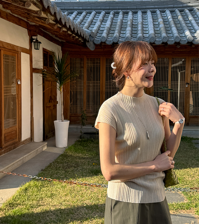 プリーツキャップ袖リネンニット