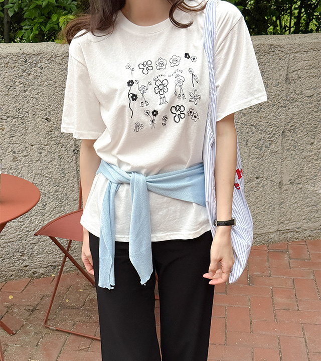 野の花刺繍半袖ティー