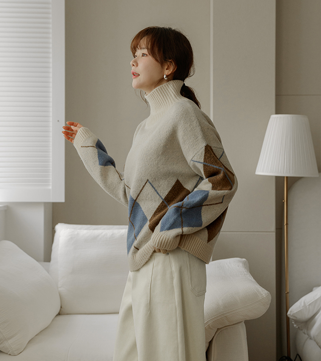 プレーンアーガイルハーフネックニット