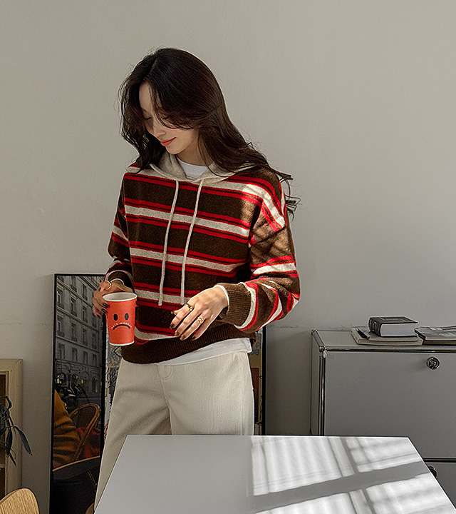 アンディストライプウールフードニット 