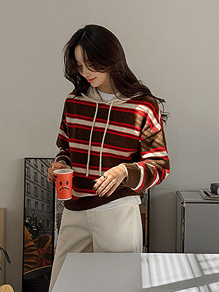 アンディストライプウールフードニット 