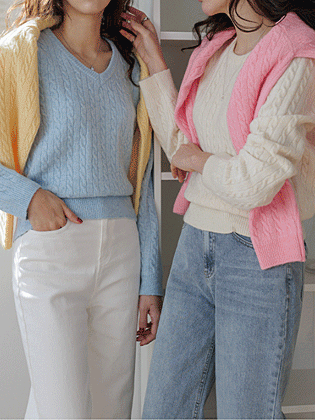 ボニーケーブルニット（2タイプラウンドネック/Vネック）